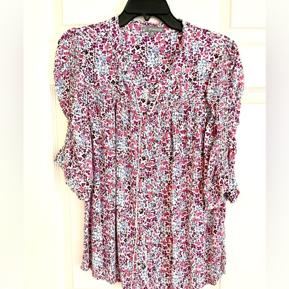Wit & Wisdom Smocked Elbow-Sleeve blouse